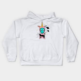 alien in a pink unicorn onesy holding a cat smoking a blunt cute gift Kids Hoodie